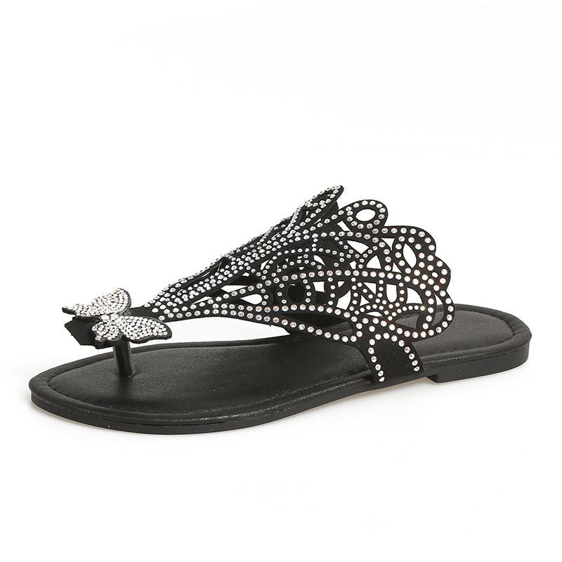 Women's slip-on flip-toe sandal with rhinestone strap, AdTec, black, flat-heeled