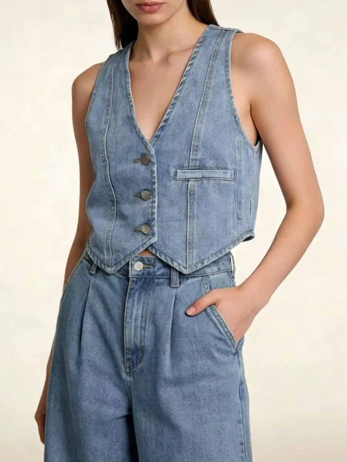 Trendsi denim vest, unlined light-blue sleeveless button-down with front pocket and silver buttons