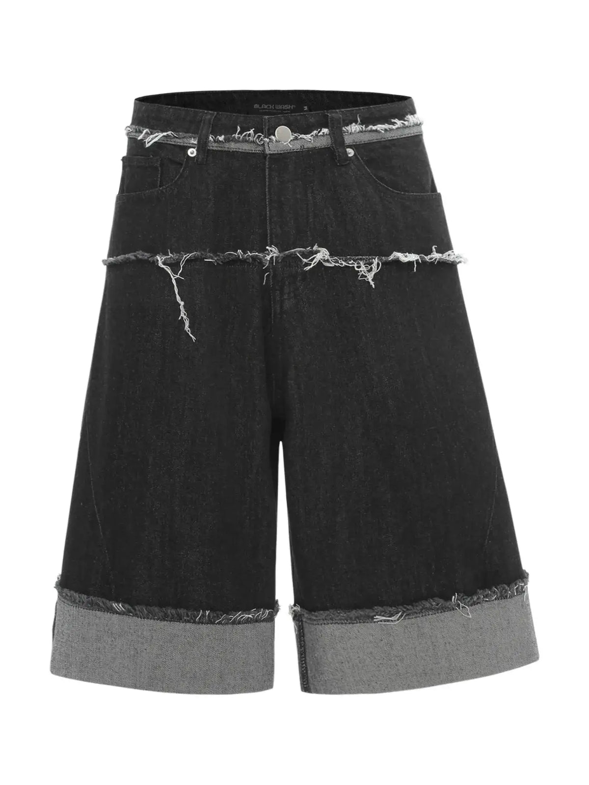 Men's denim shorts, slight stretch, black with frayed raw hems and contrast cuffs