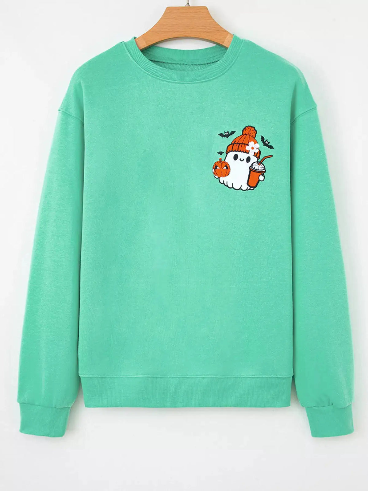 Halloween Ghost embroidered casual sweatshirt in mint green with a cute ghost holding a pumpkin and a drink