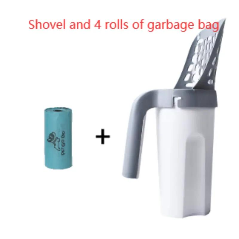 AdTec toilet bucket with integrated cat litter scoop, white bucket and gray scoop, includes 4 rolls of garbage bags