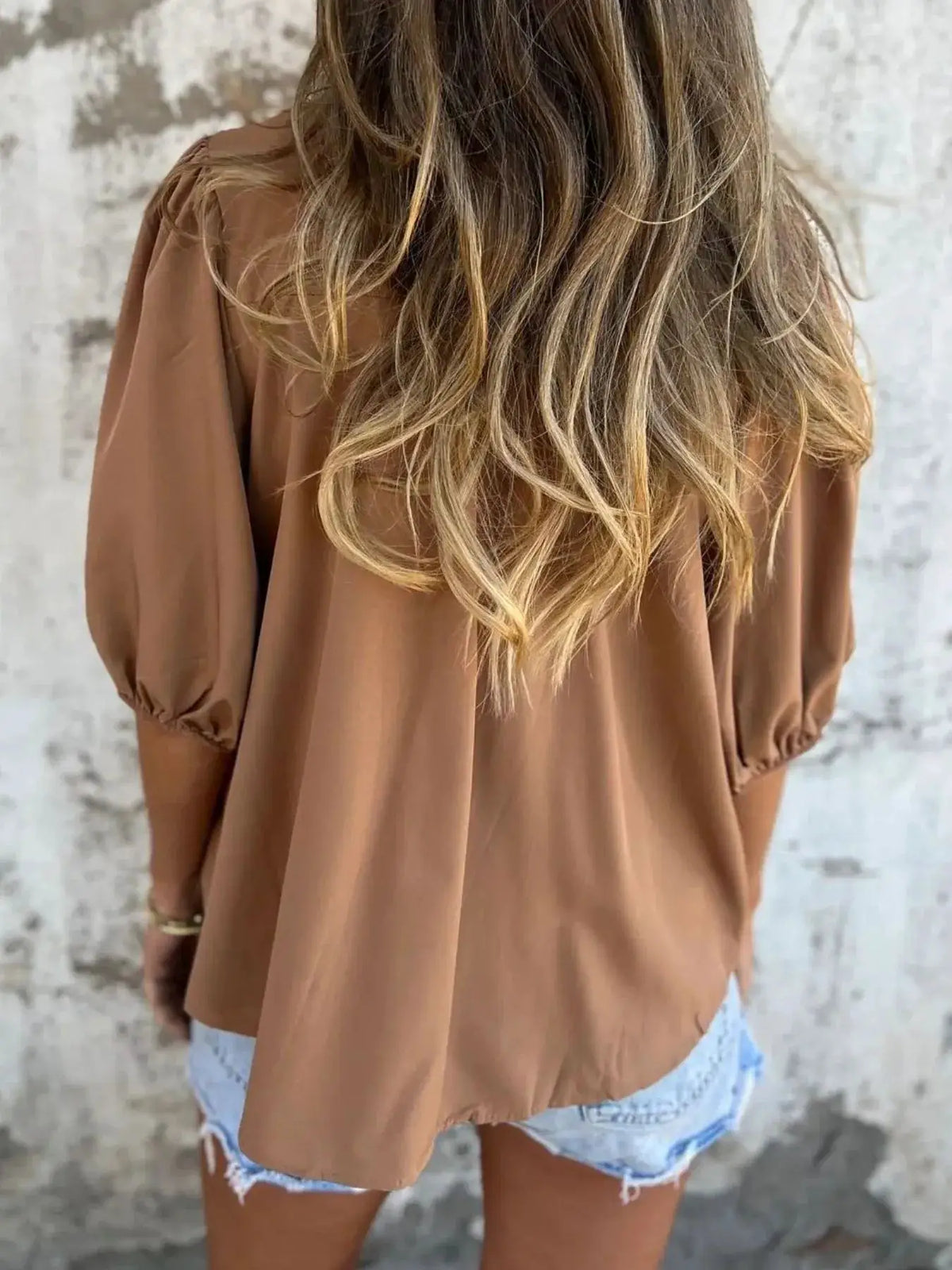 Full Size Smocked Puff Sleeve Blouse Plus Size by Trendsi in taupe, back view with short puff sleeves