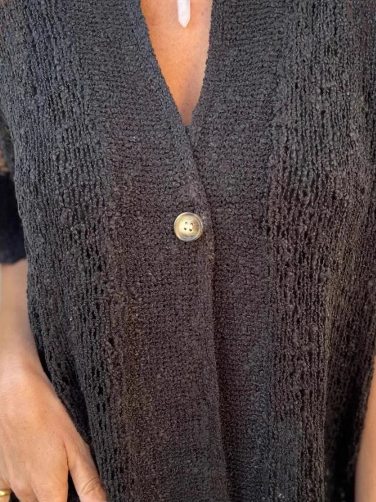 Plus Size One Button Openwork Cardigan in black sheer knit