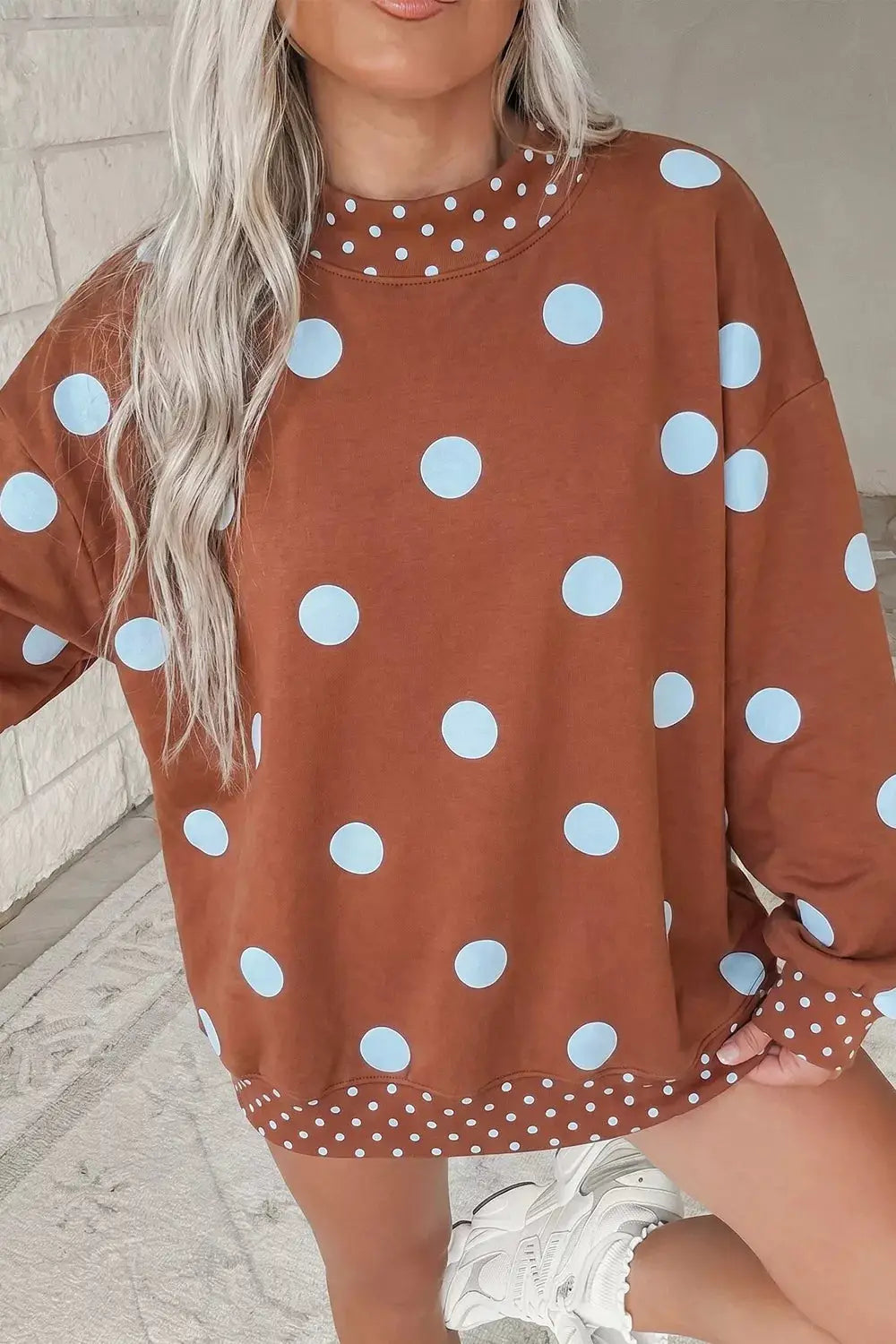 Polka Dot Dropped Shoulder Sweatshirt in rust with light blue polka dots