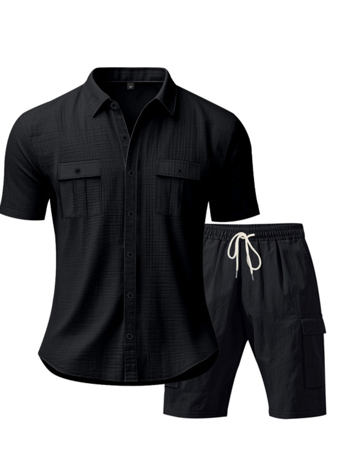 Men's black short-sleeve button-up shirt and shorts 2-piece set with chest pockets