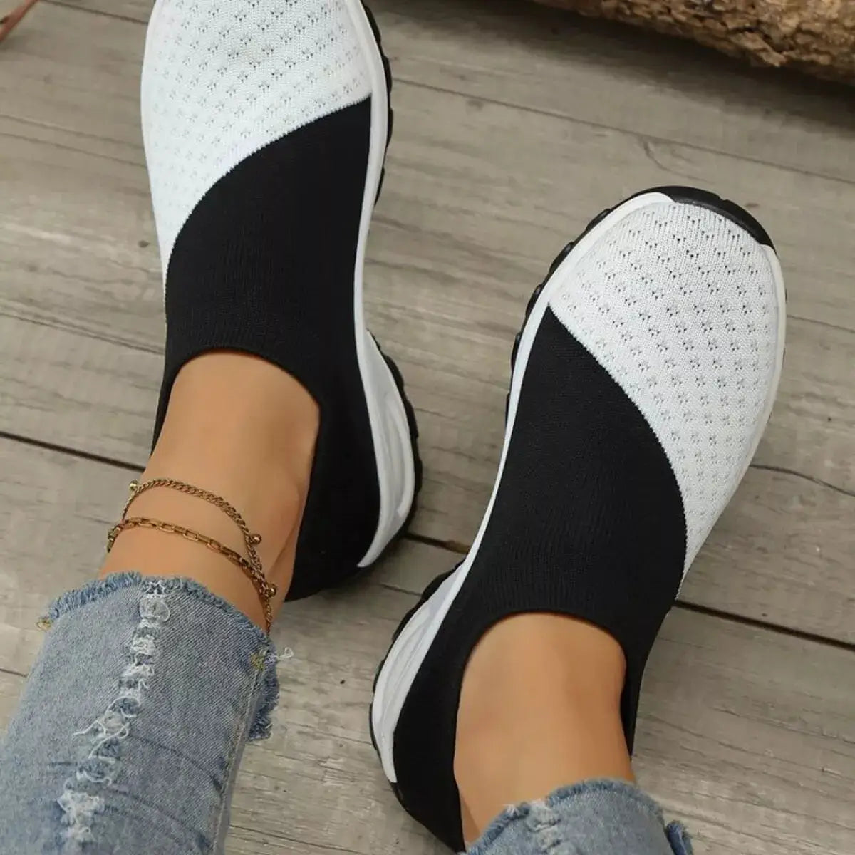 Shoes Color Block Mesh Athletic pair in black and white by Trendsi