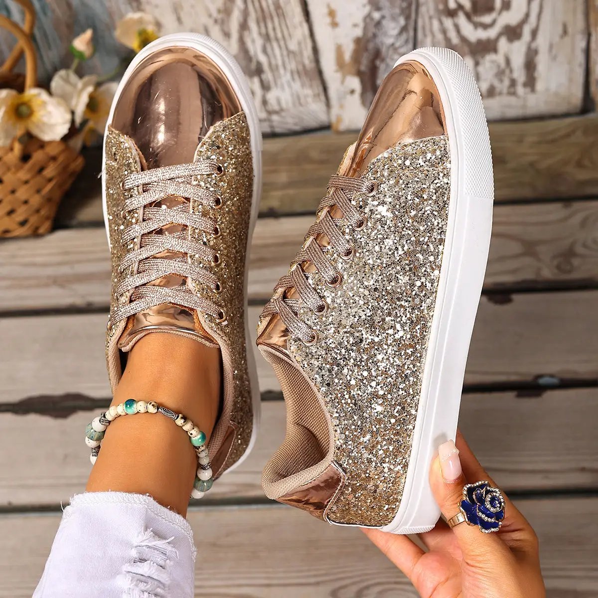 Plus-size sequined front-lace-up board shoes in rose-gold glitter with white rubber sole, pair