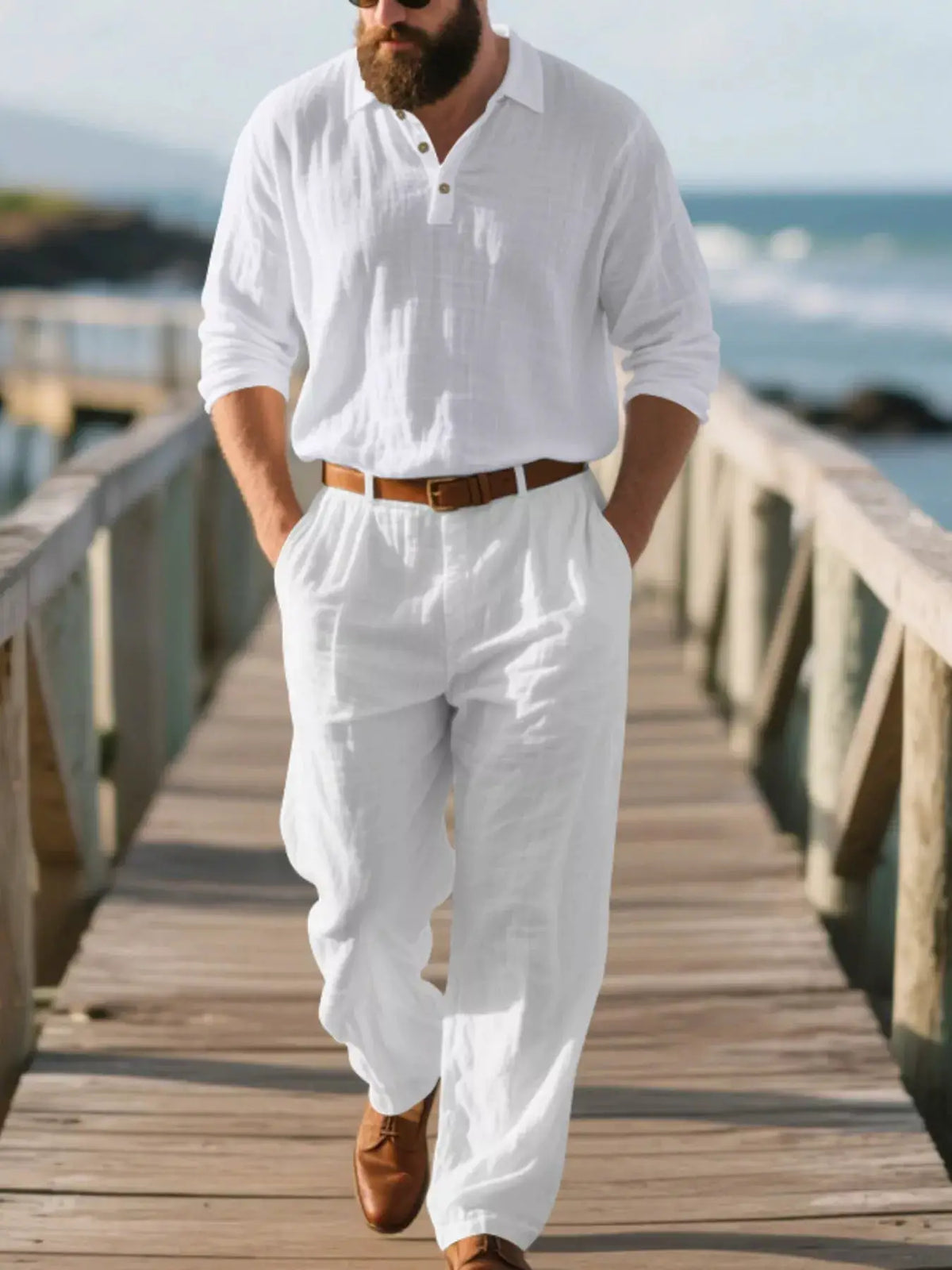 Mens plus-size white linen matching long-sleeve top and pants set with brown belt