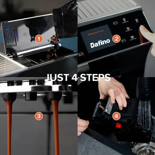 Super Automatic Espresso & Coffee Machine collage in black with stainless accents; four-step guide with Dafino display.