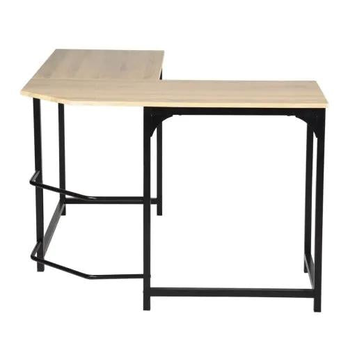 L-shaped computer desk with wood top and black metal frame.
