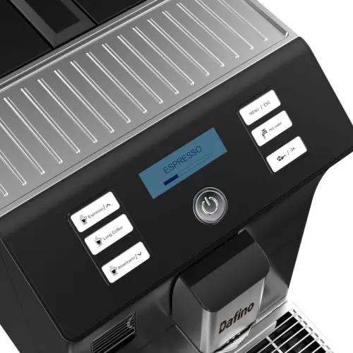 Super automatic espresso machine Datino; black with stainless steel top and blue ESPRESSO display.