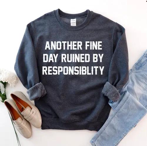 Another Fine Day Sweatshirt by PrimeCanada.Store; 3-piece outfit with charcoal top, light-wash jeans, and beige flats