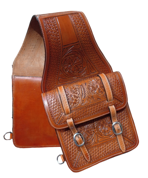 Alforja de cuero genuino estilo western con grabados de herramientas de sendero para caballo