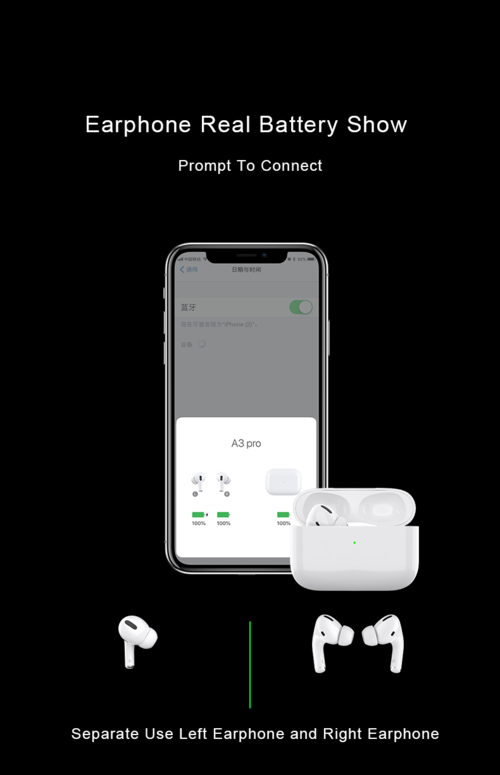 Two white A3 Pro wireless earbuds with charging case, Apple/Android compatible