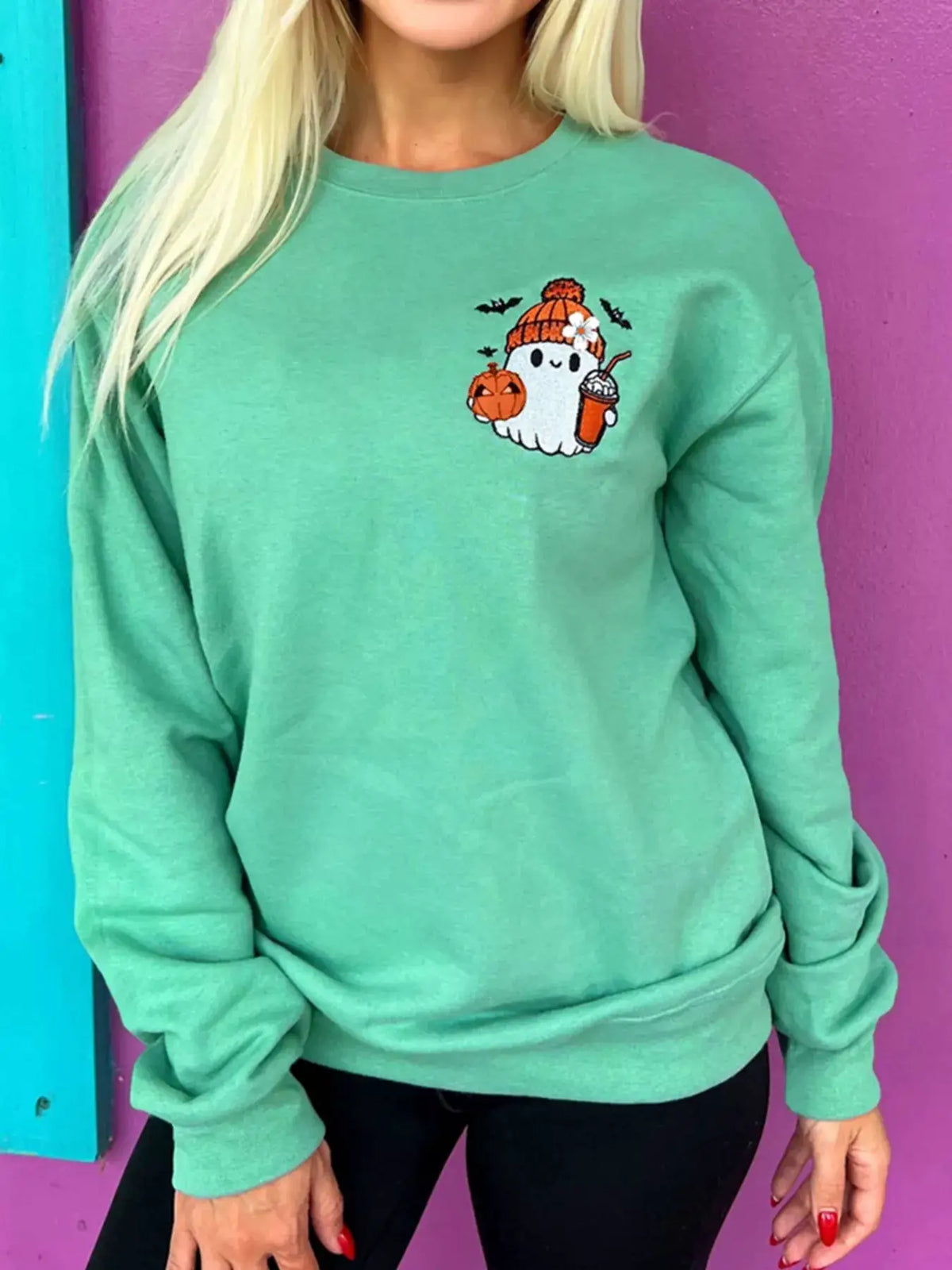 Halloween Ghost Embroidered Casual Sweatshirt in mint green with ghost, pumpkin and beverage graphic