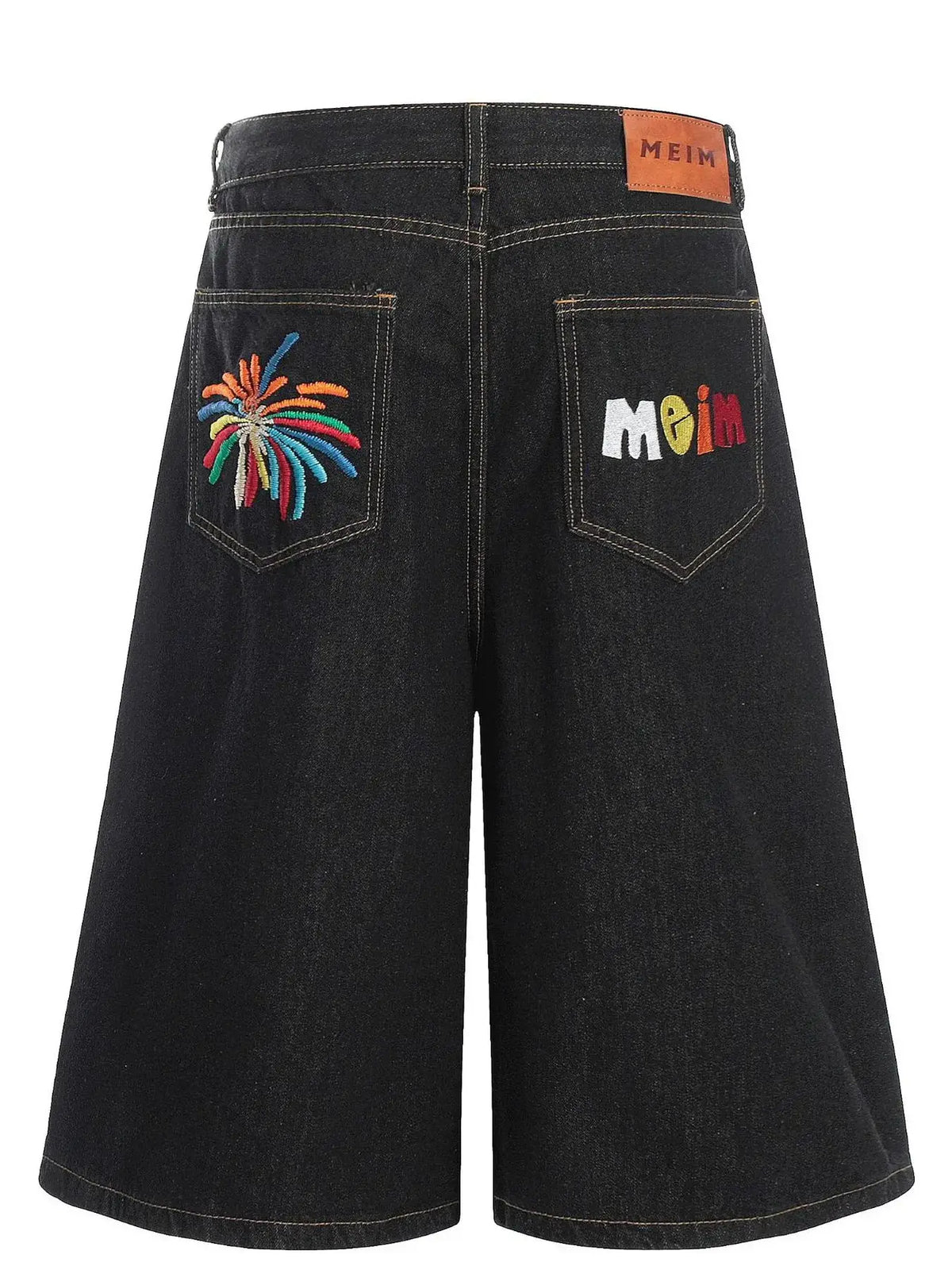 Oversized men's wide-leg denim shorts, 100% cotton, black with palm embroidery on back pockets and a Meim patch.