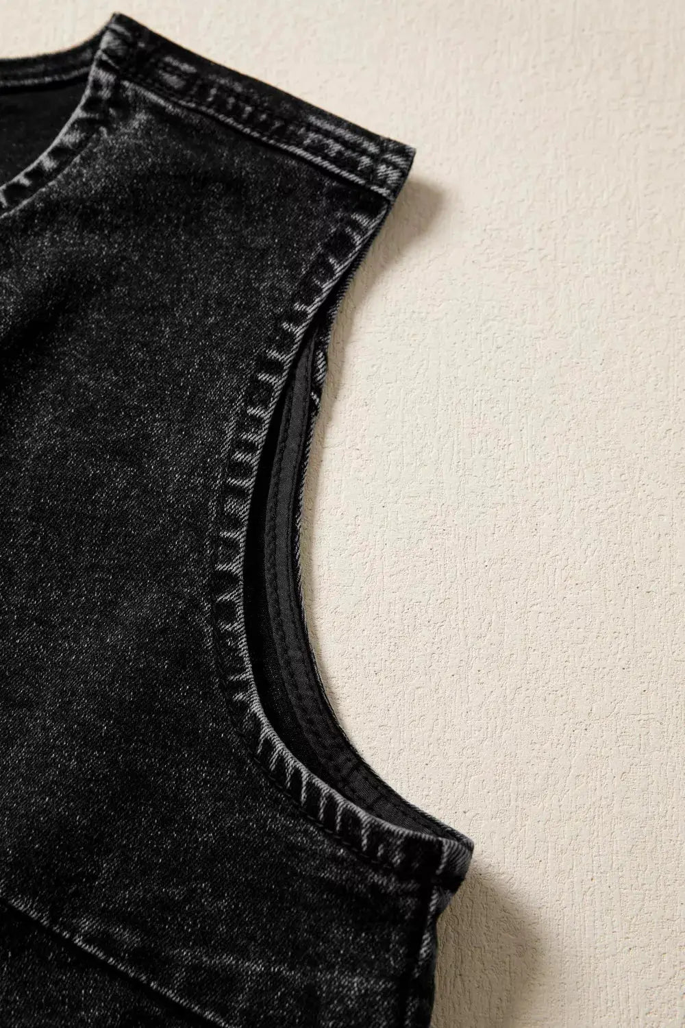 Vintage wash denim vest, dark cotton sleeveless with contrast stitching
