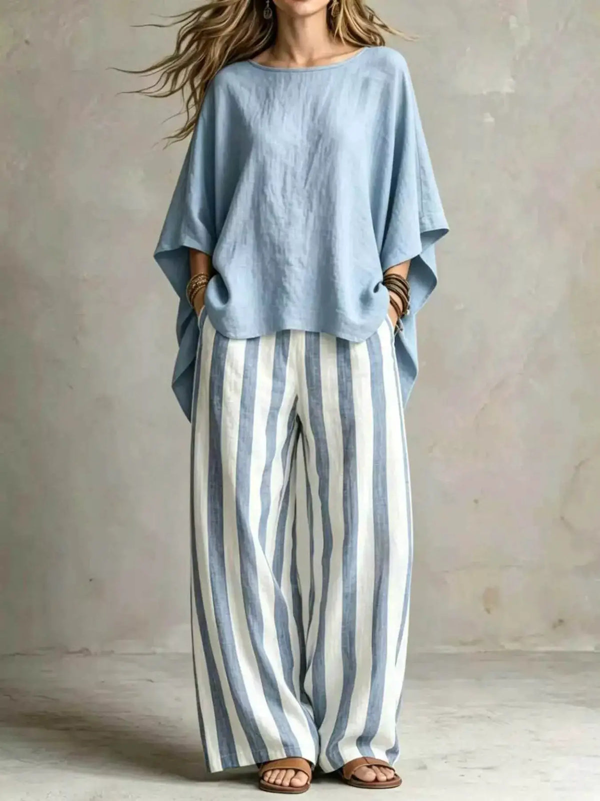 Full Size Solid Color Top and Pants Set Plus Size by Trendsi, light blue oversized top with blue/white striped wide-leg pants