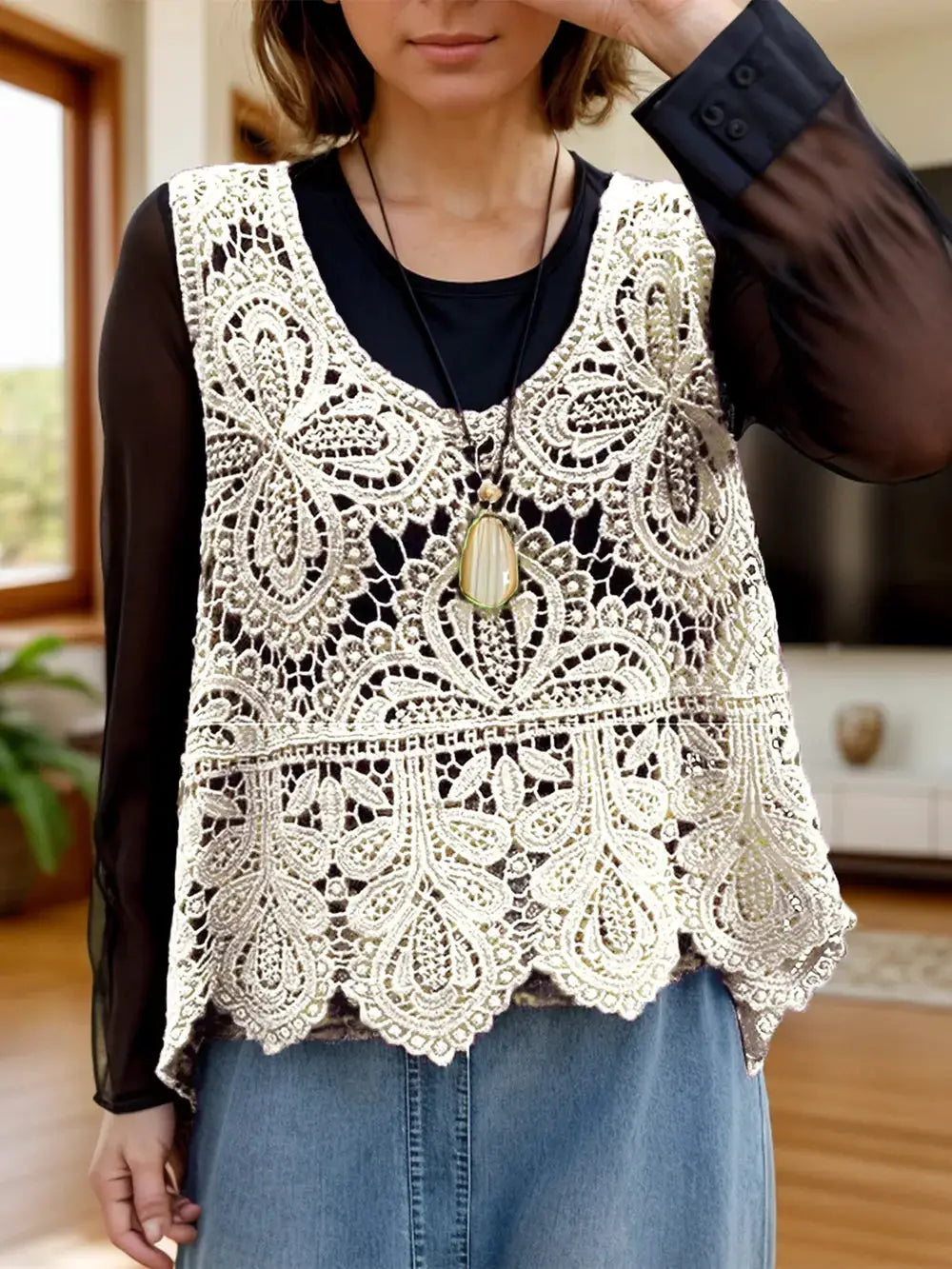Lightweight pure cotton sleeveless cover-up with scoop neck and white lace crochet