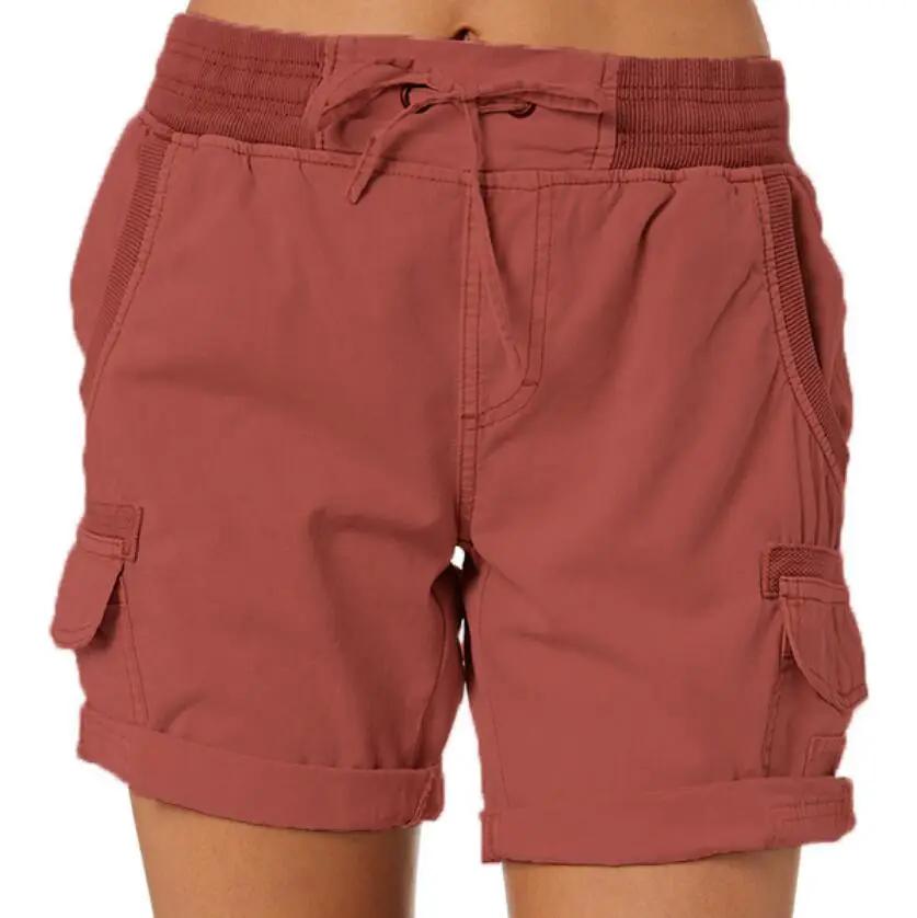 Lightweight women's cargo shorts with drawstring and deep pockets in dusty rose.