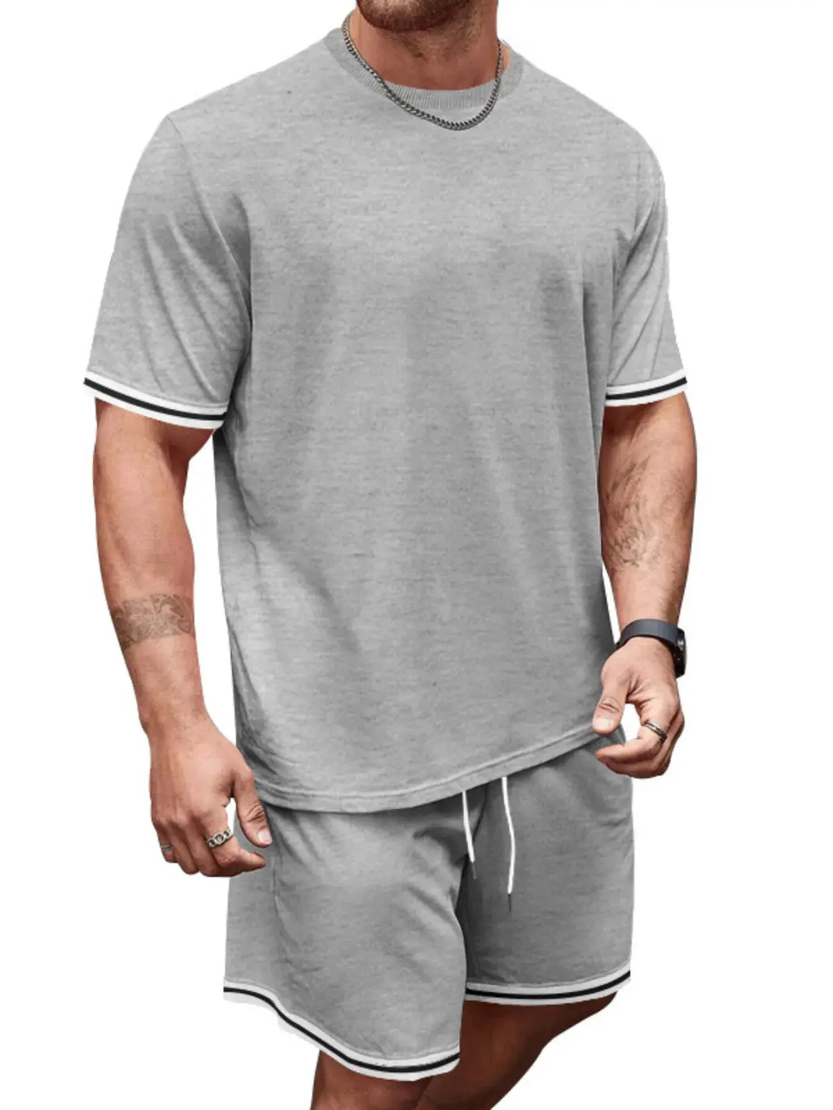 Men's gray two-piece summer set with a short-sleeve striped tee and matching shorts