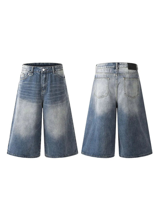 Mens Oversized Vintage Washed Wide Leg Cotton Blend Denim Shorts, front and back views in blue denim