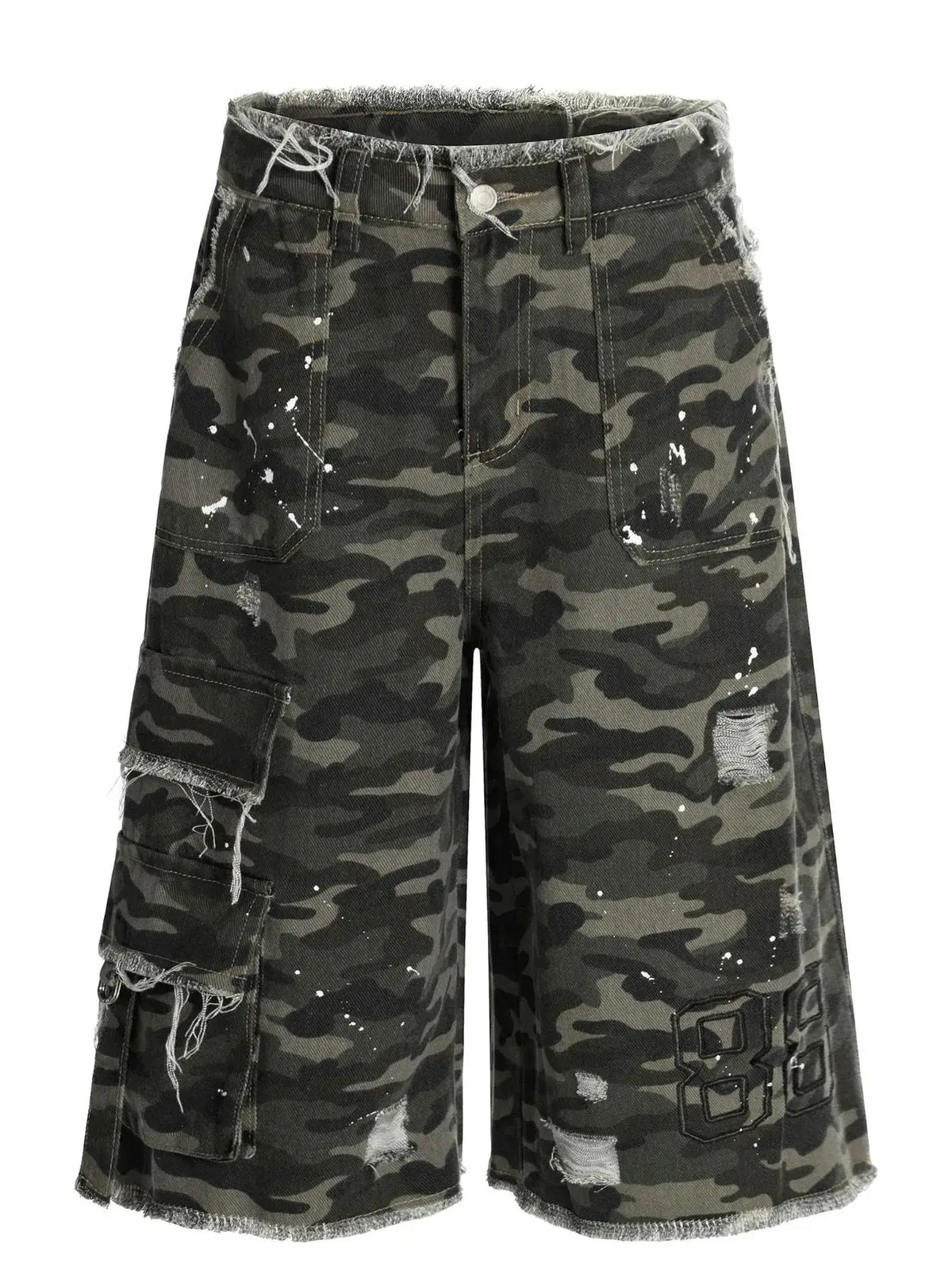 Men's camo cargo denim shorts with distressed frayed hems, cargo pockets, and paint splatters