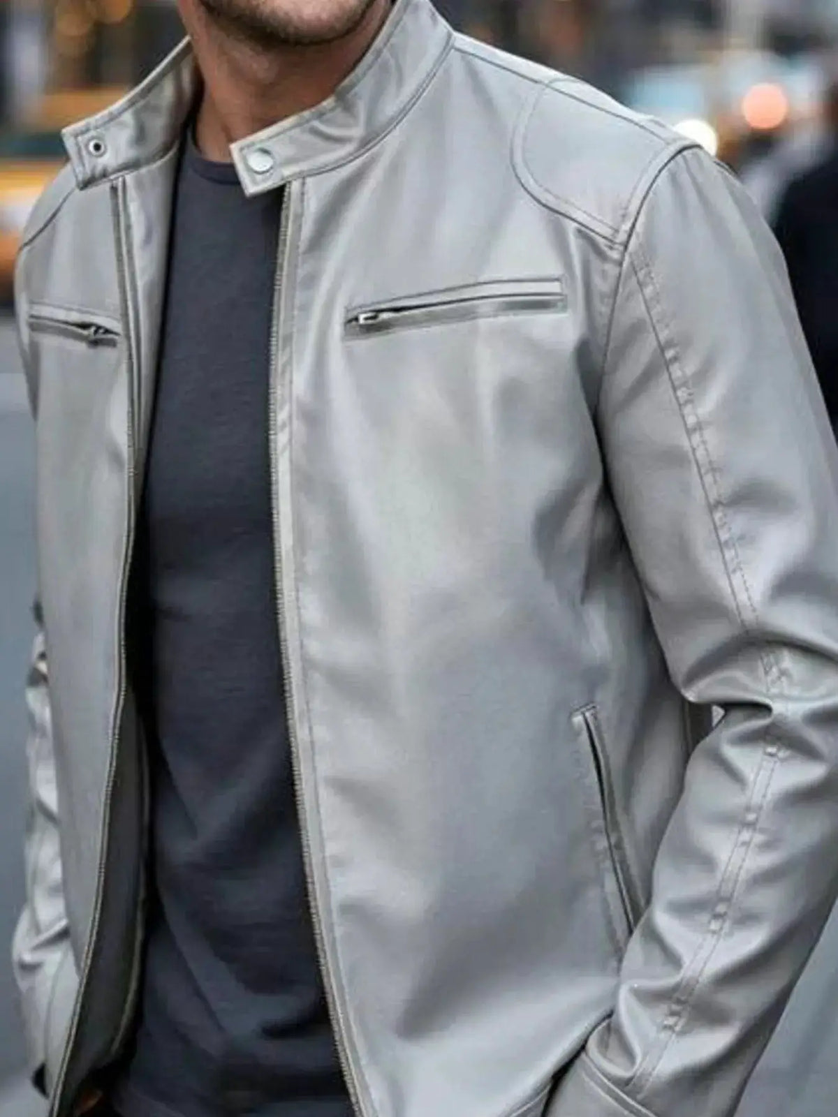 Men's full-size light gray faux leather bomber jacket with zip pockets.