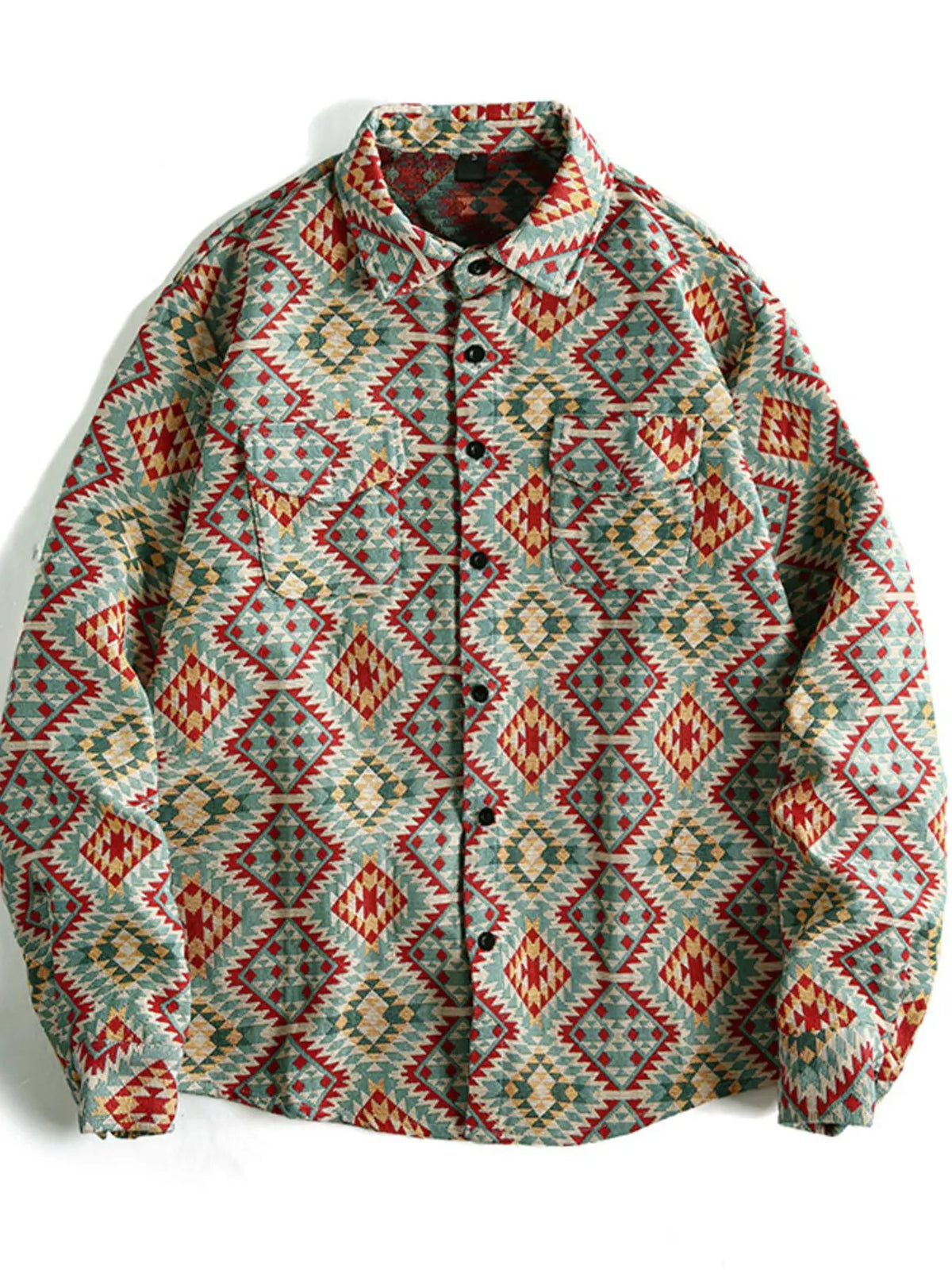 Men's Geometric Button-Up Shacket in teal, red and beige with a collared neckline and button front