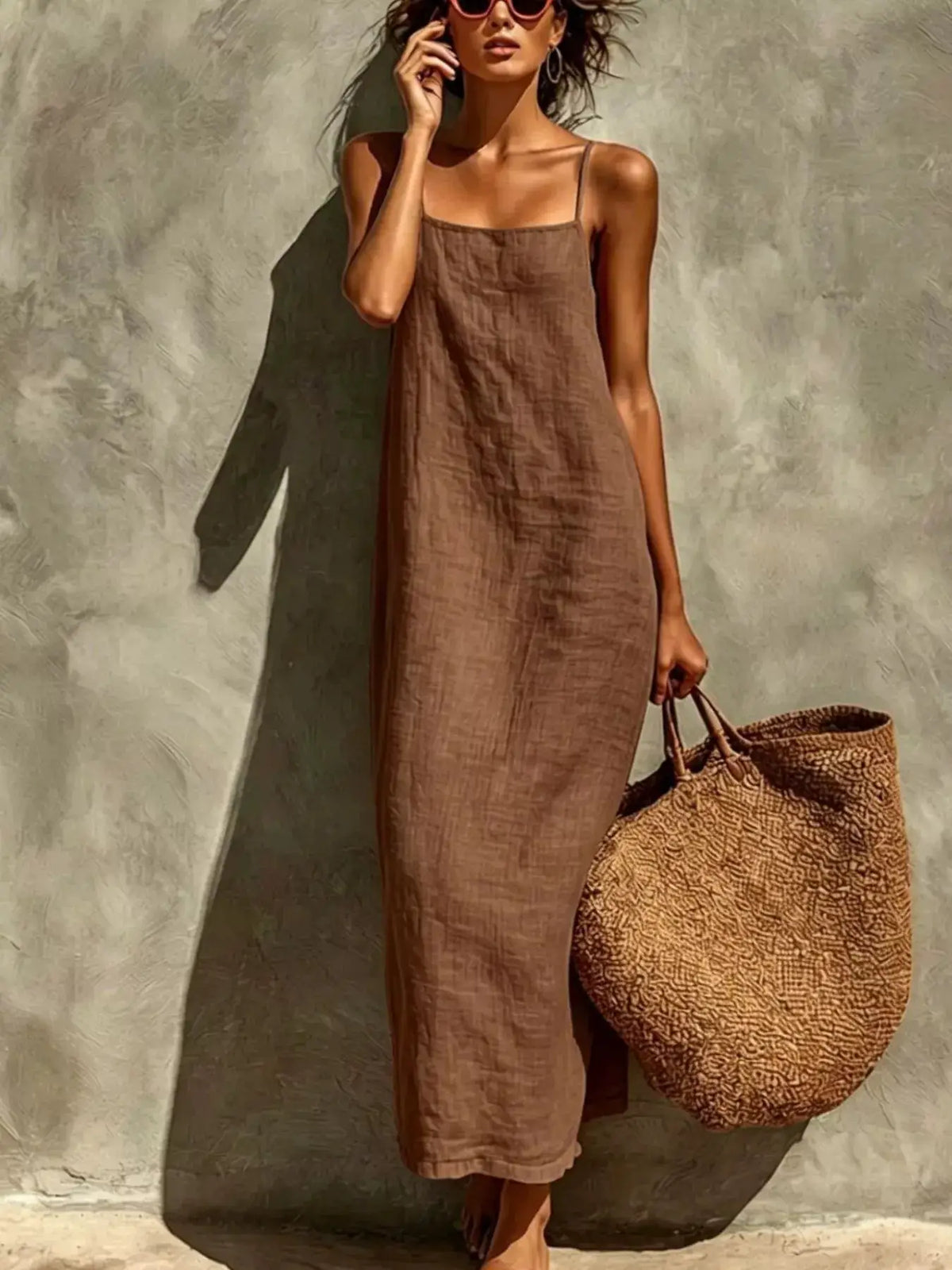 Sleeveless linen casual maxi dress, warm brown, Trendsi brand, with woven tote bag.