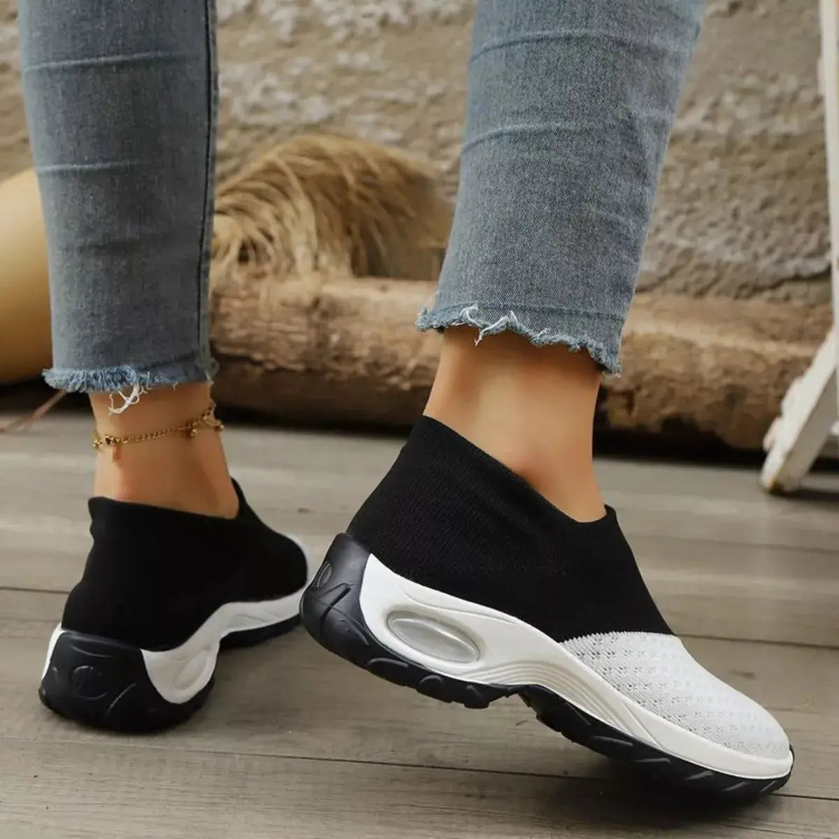 Color Block Mesh Athletic Shoes; black knit upper with white mesh toe and white sole