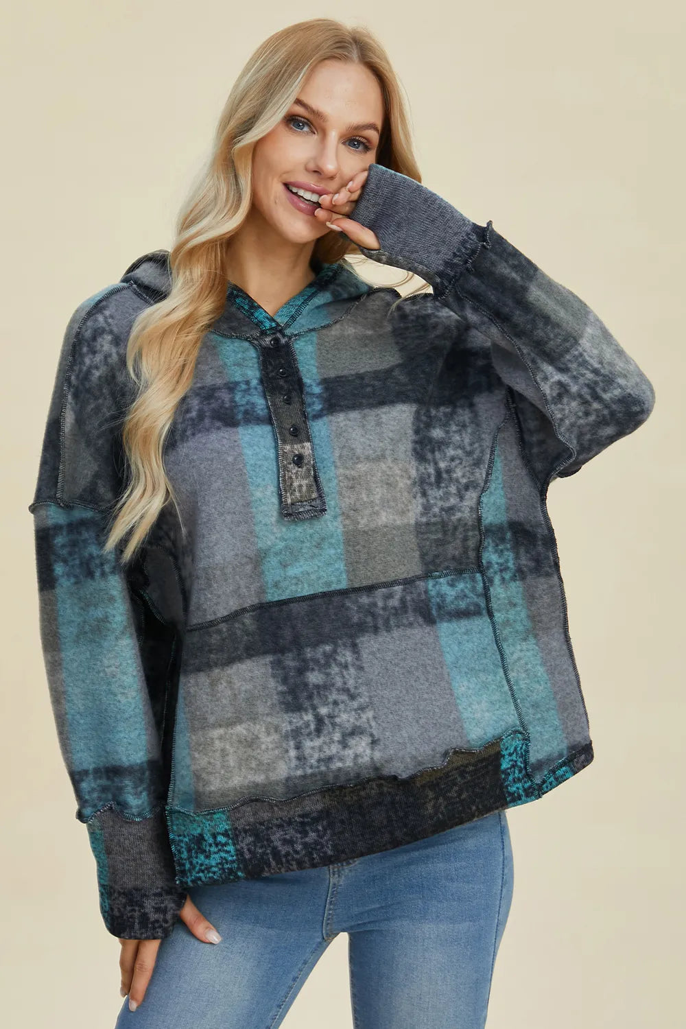 Double Take plus-size plaid fleece hoodie with dropped shoulders in teal and gray patchwork