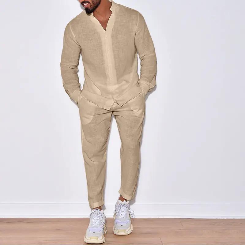 Men's summer linen two-piece outfit with pants in beige; lightweight breathable fabric.