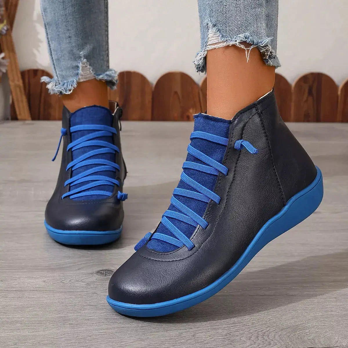 Lace-Up Faux Leather Ankle Boots, black with blue laces and blue sole; 2 boots shown