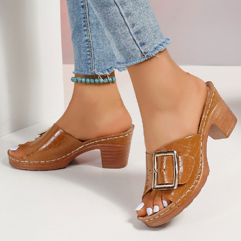 Sandalias con hebilla y textura de cocodrilo, tacón cuadrado grueso, chanclas abiertas, zapatos de mujer