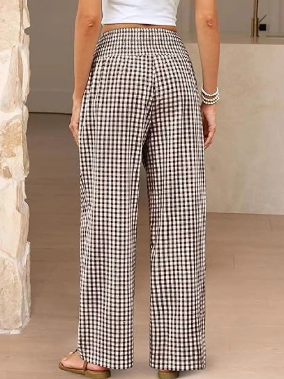 Gingham wide-leg pants by Trendsi in black-and-white check pattern