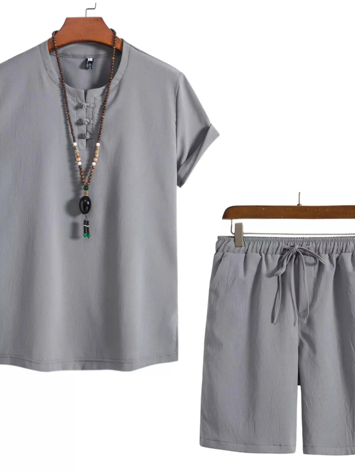 Mens plus-size gray mandarin-collar short-sleeve shirt and matching drawstring shorts 2-piece set