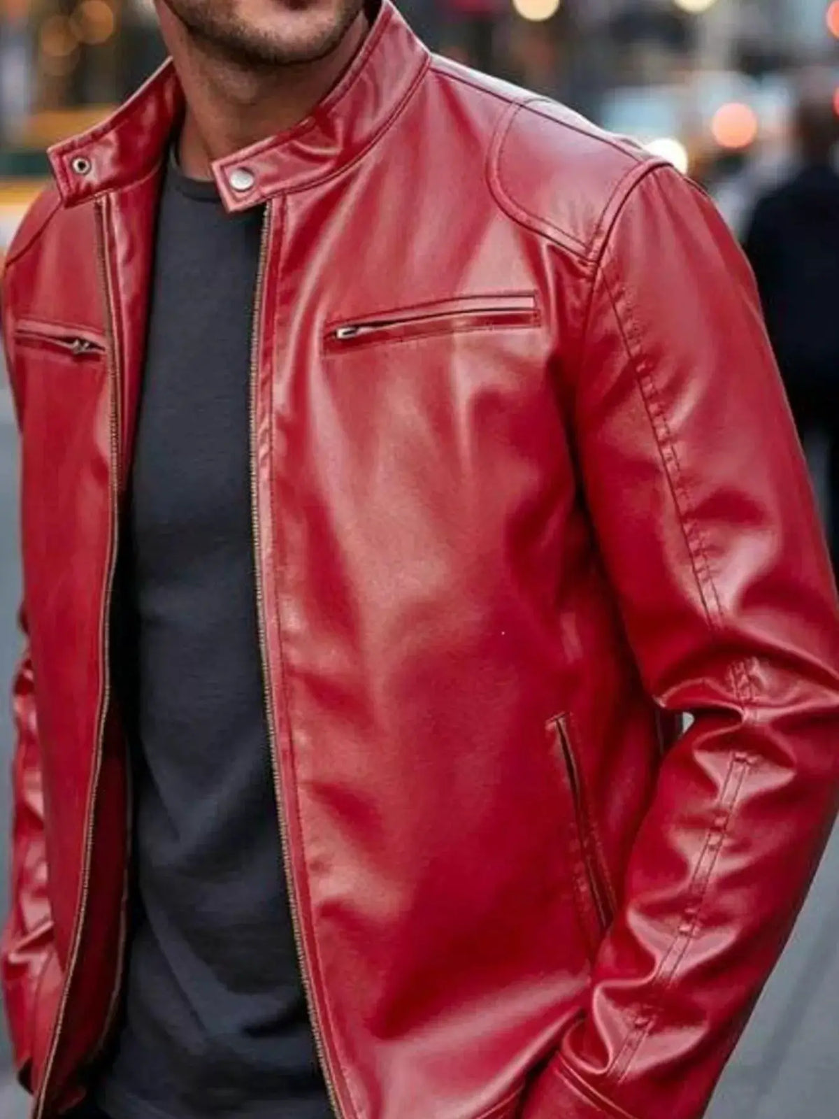 Men's red full-size faux-leather bomber jacket with zip pockets plus size