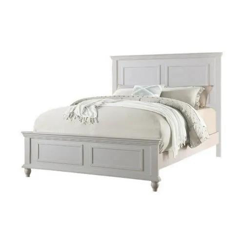 Queen size bed in white with high panel headboard and footboard, PrimeCanada.Store.