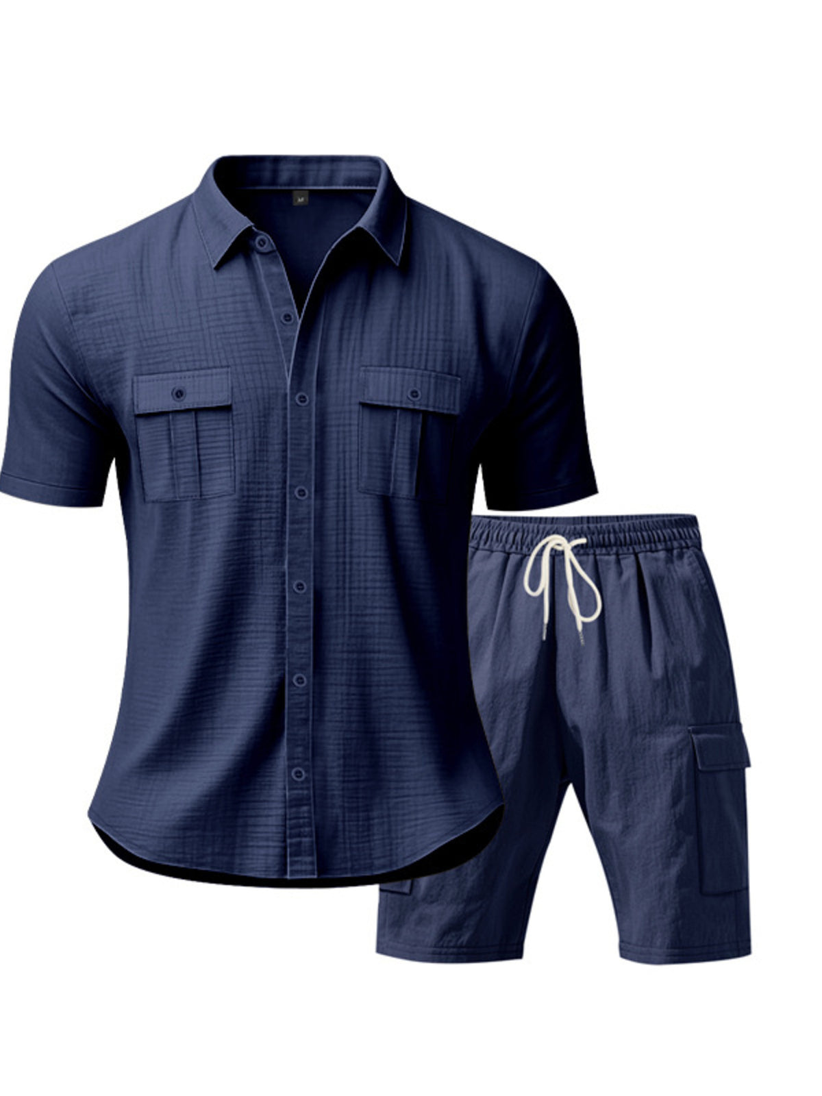 Men's plus-size navy button-up shirt and drawstring shorts set by Trendsi with chest pockets.