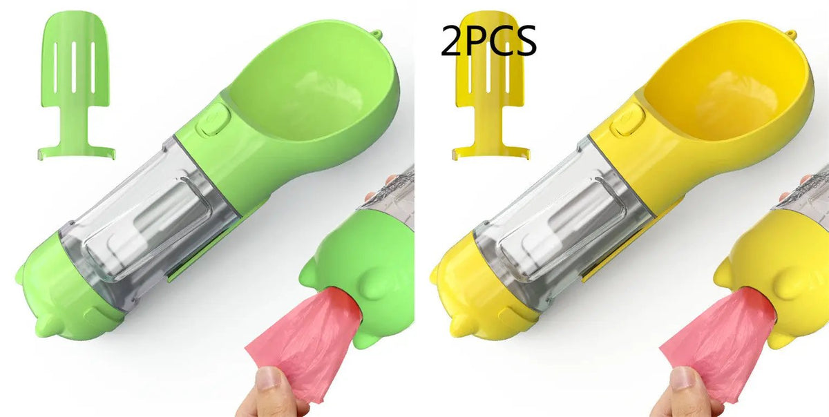 Pet water bottle feeder bowl 3-in-1 with garbage bag storage, AdTec, 2-pack in green and yellow
