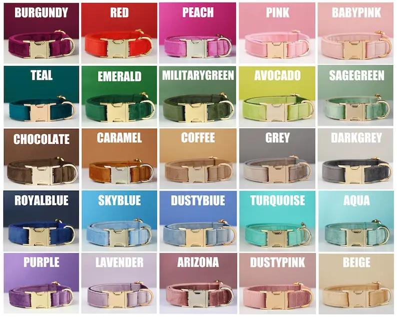 Velvet personalised dog collar and leash set with bow, available in 30 colours