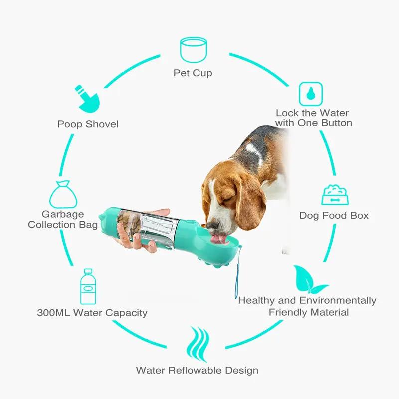 Pet water bottle 3-in-1 by AdTec in turquoise with cup, food box and garbage bag storage for outdoor travel