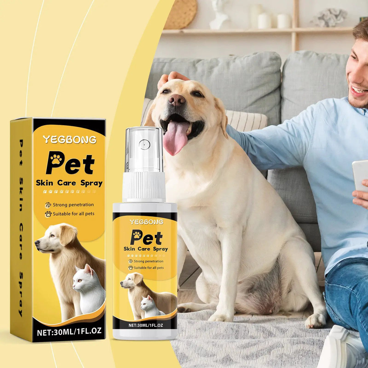 Pet Skin Care Spray; yellow box and spray bottle beside a dog and owner on sofa
