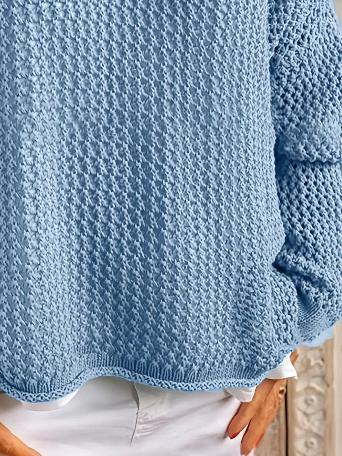Openwork knit beach cover-up, blue long-sleeve hooded by Trendsi.