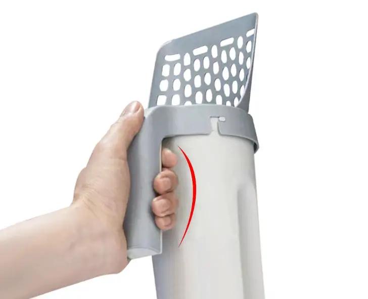Large-capacity toilet bucket with portable, integrated, washable cat litter scoop in gray plastic.