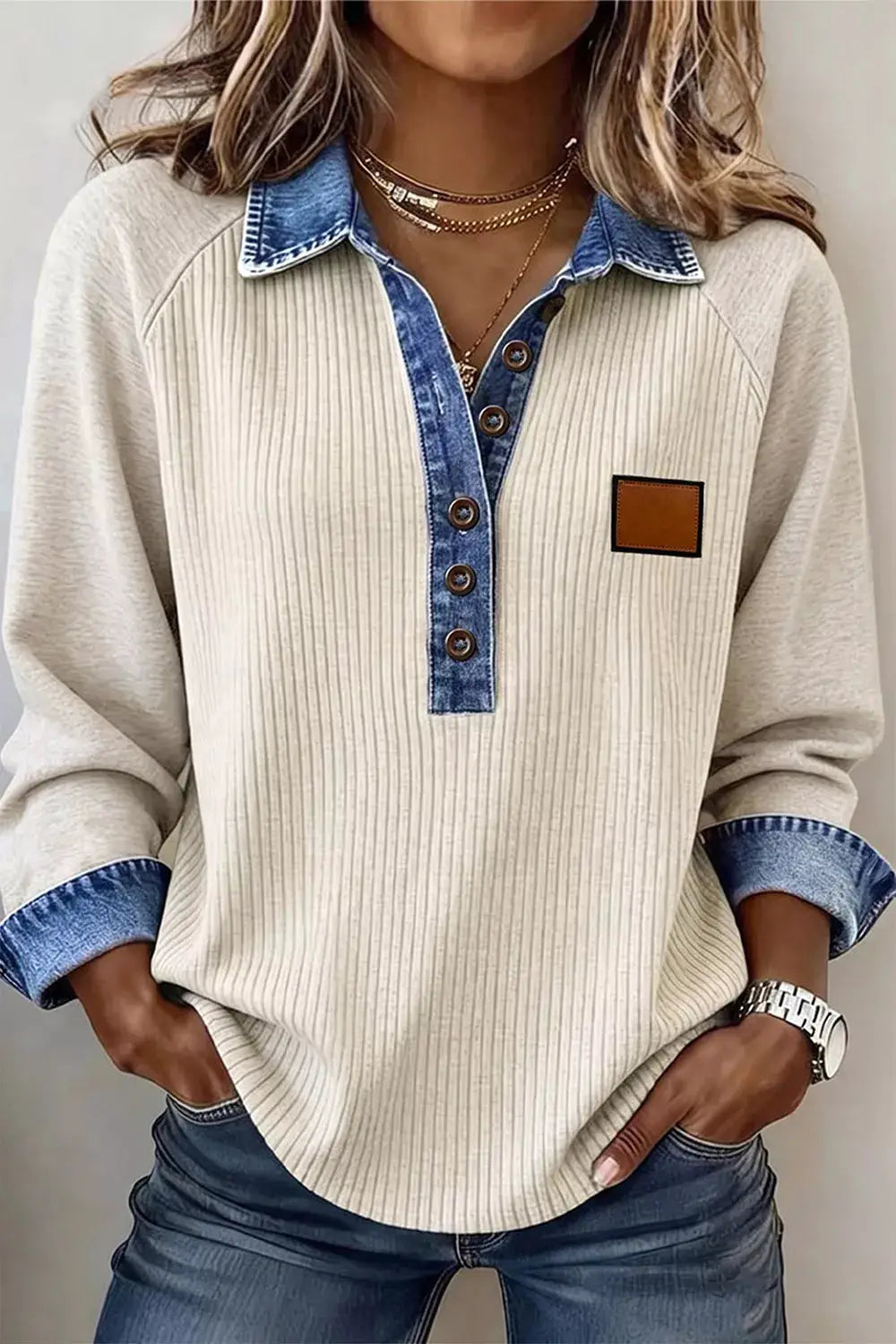 Stretchy ribbed knit button-front top with denim contrast trim beige with blue denim collar placket and cuffs Trendsi