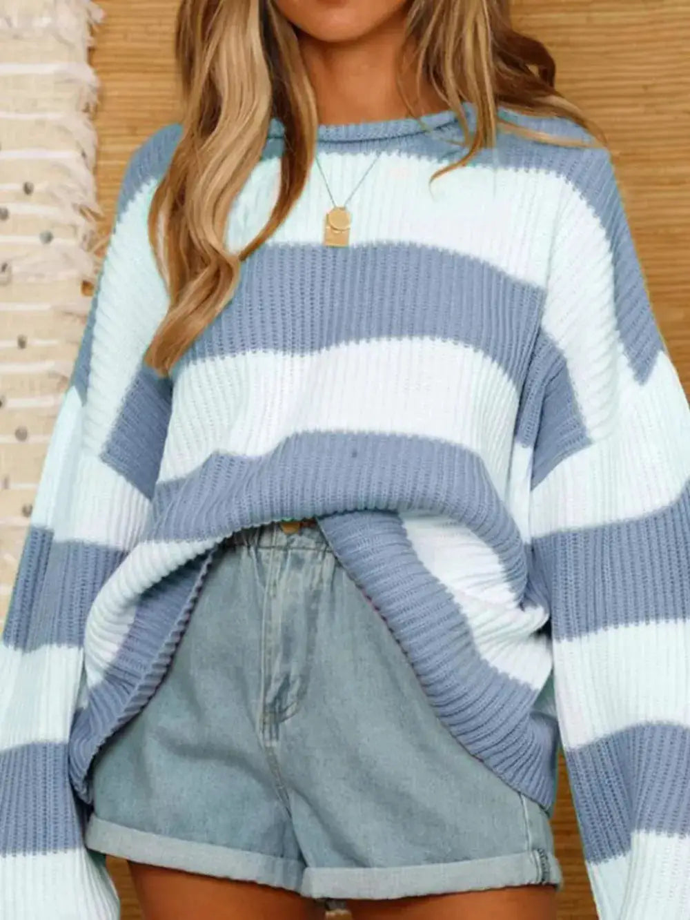 Essential Round Neck Long Sleeve Soft Stretch Sweater in blue and white striped knit, oversized fit
