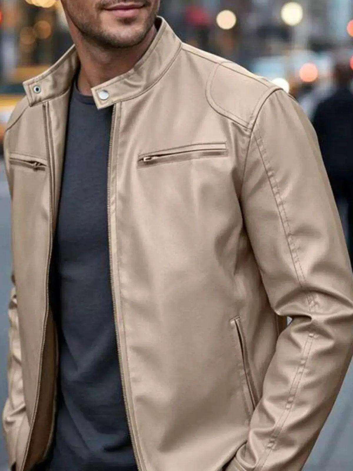Men's plus-size tan faux leather bomber jacket with zippered pockets and front zipper