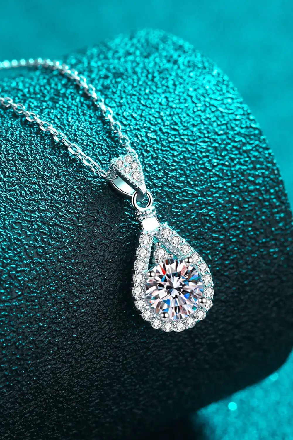 Necklace with 2 carat moissanite teardrop pendant, halo pavé stones, 925 sterling silver chain